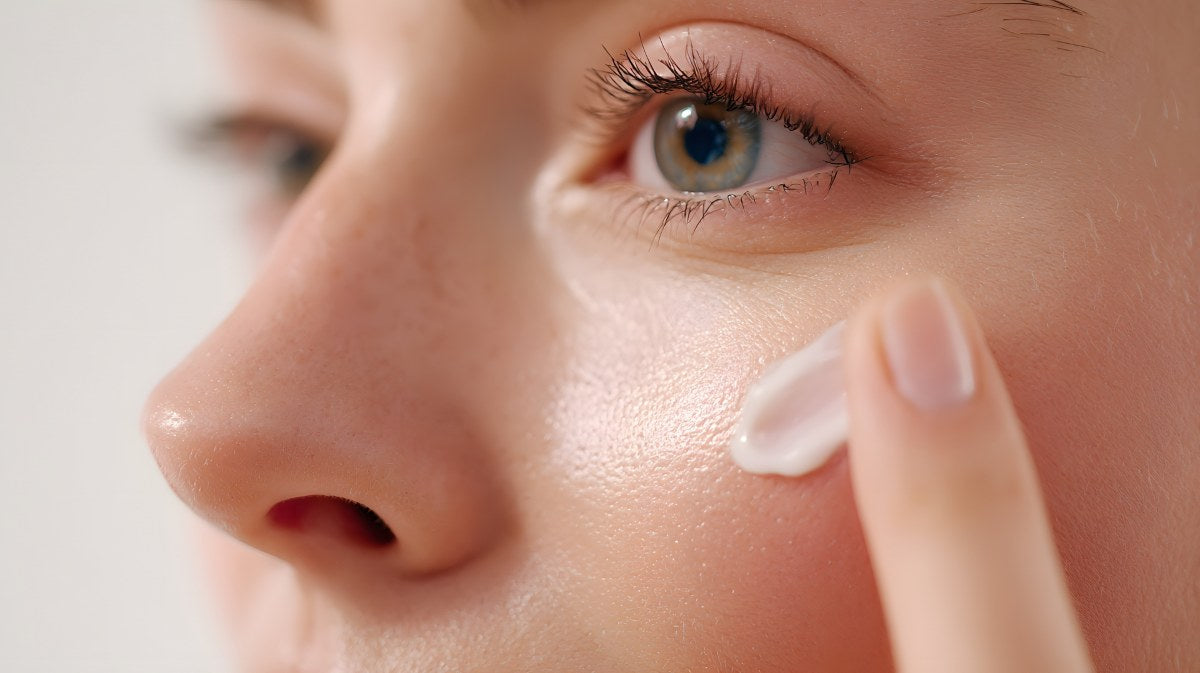 Close-up of a Caucasian woman applying a face cream to her cheek
