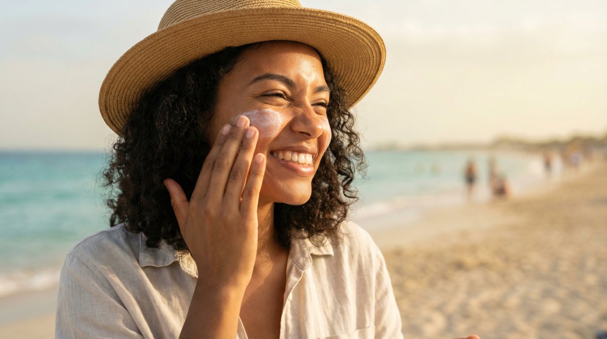Joyful African American woman in a hat applying sunscreen to her face on a sunny beach