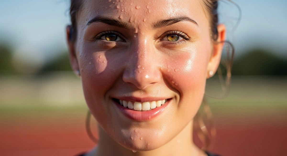 A woman is smiling while running on a track
