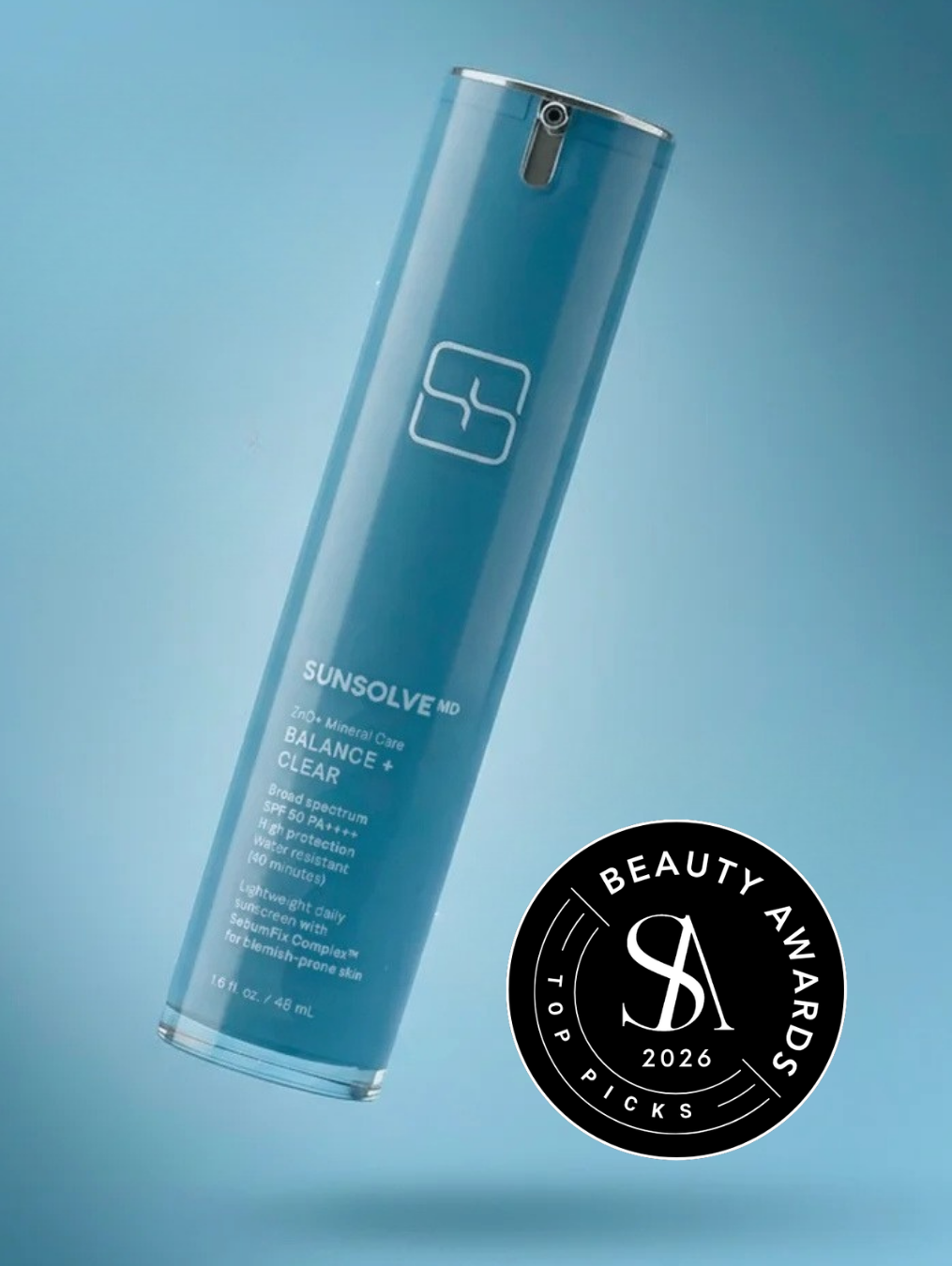 Blue Balance + Clear SPF50 bottle with the Skin Anarchy Top Picks Beauty Awards 2026 seal