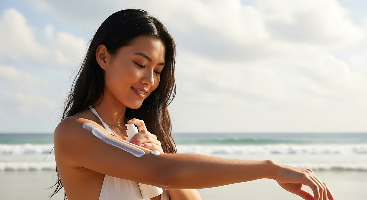 Asian Woman Applying Sunscreen Lotion on Nose Under Clear Sky