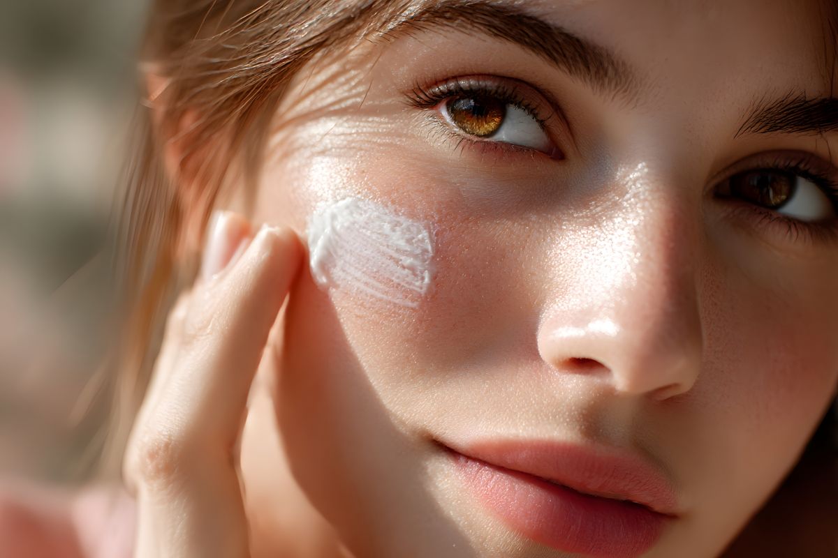 A hand gently applies moisturizing cream to a healthy, radiant face, symbolizing essential daily skincare for glowing beauty.