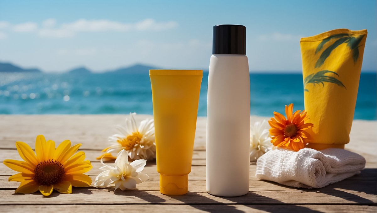 Sunscreen, flower on sea background
