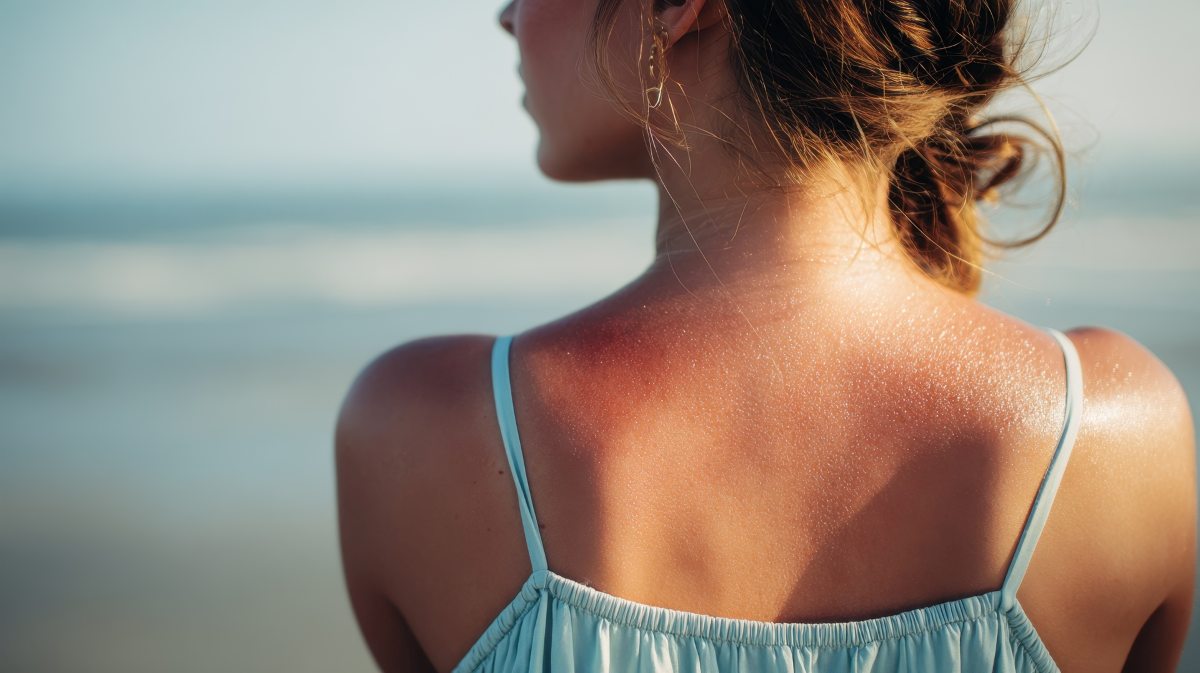 Young woman with sun-kissed skin is enjoying a serene moment at the beach, gazing at the ocean waves and feeling the warm breeze