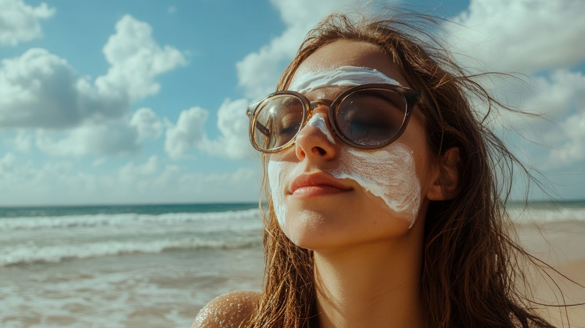 Woman protecting skin, rubbing sunscreen lotion during cheek across golden sunset light on sandy coastal landscape