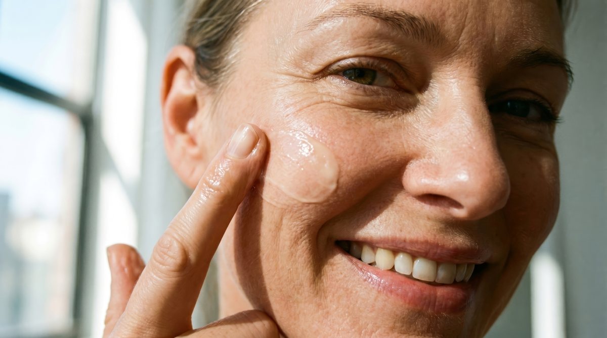 Smiling woman gently applies hydrating face serum