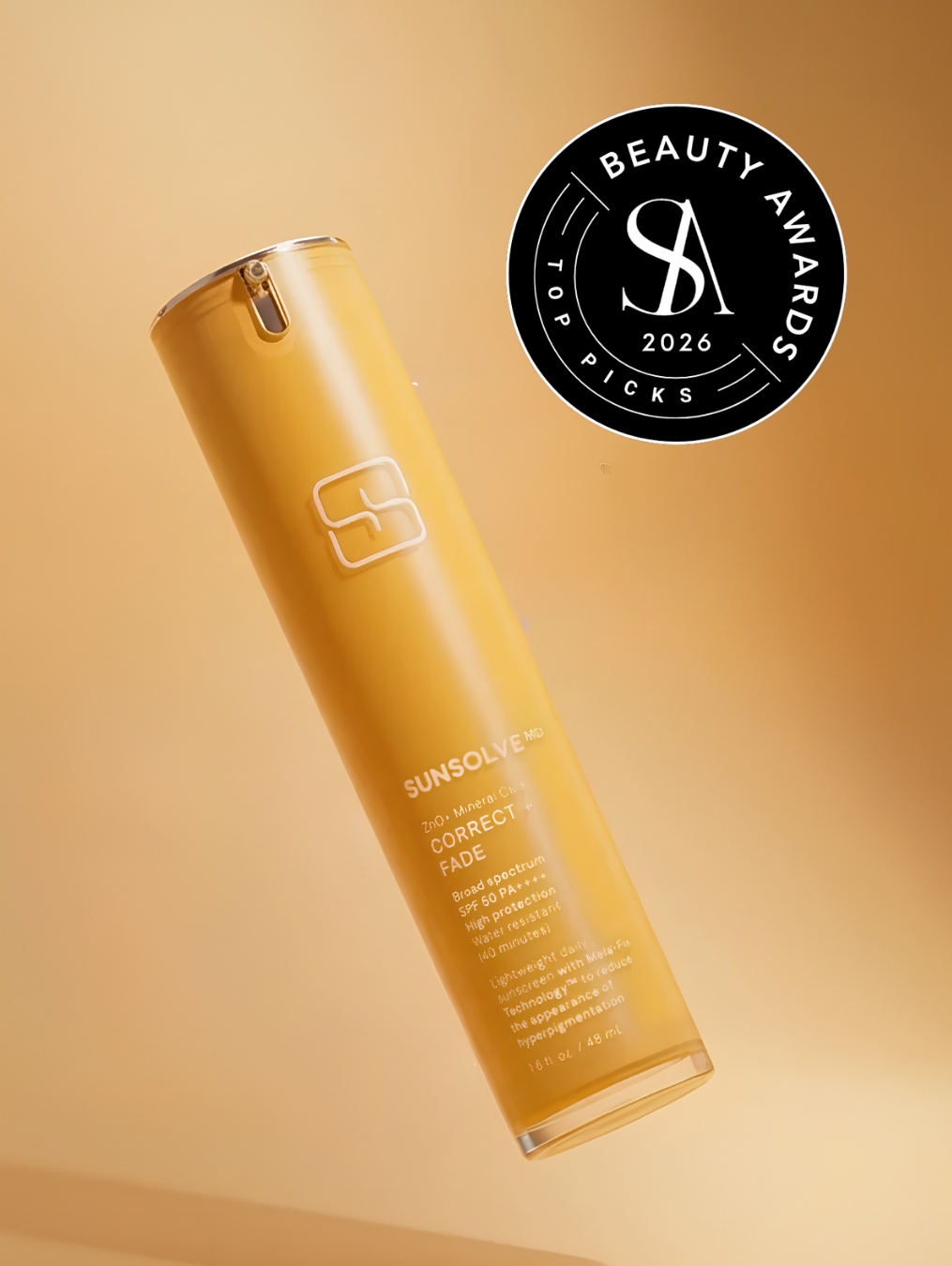 Golden Correct + Fade SPF50 bottle with the Skin Anarchy Top Picks Beauty Awards 2026 seal