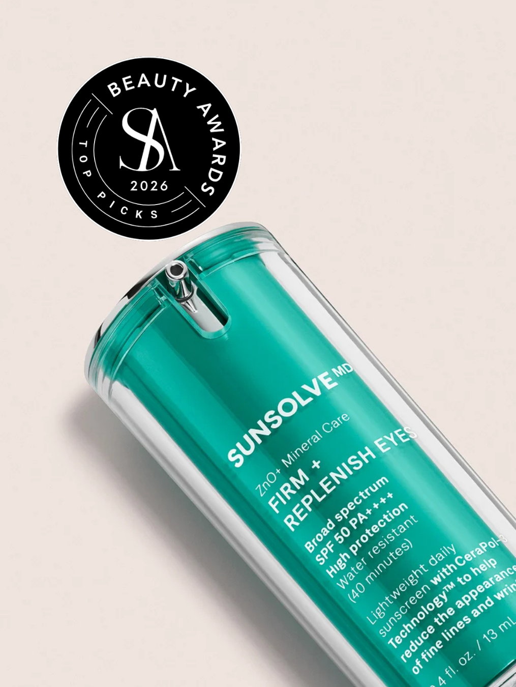 Green Firm + Replenish Eyes SPF50 bottle with the Skin Anarchy Top Picks Beauty Awards 2026 seal